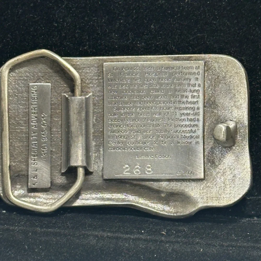 Vintage 1986 St Francis Wichita First Open Heart Surgery 1959 Medical Buckle 268